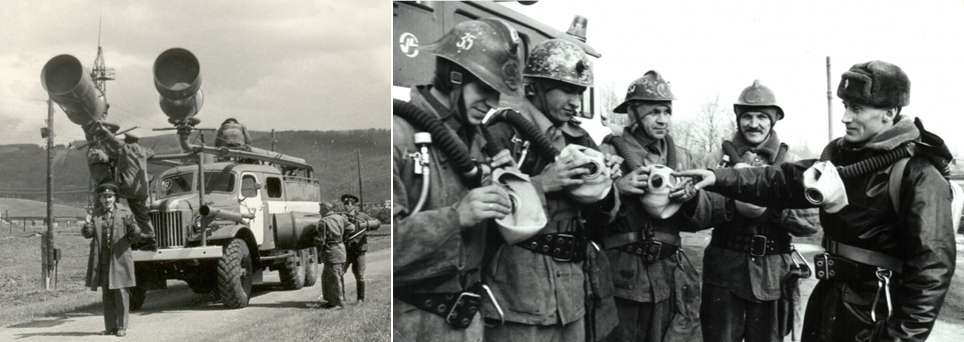 Αριστερά: Σοβιετικό πυροσβεστικό όχημα | Δεξιά: Μέλη της πυροσβεστικής υπηρεσίας στην ΕΣΣΔ.