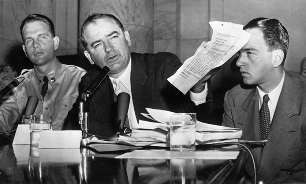 From left: Army Private David Schine, Senator Joseph McCarthy (Republican of Wisconsin), counsel Roy Cohn at the Army-McCarthy hearings, 1954
