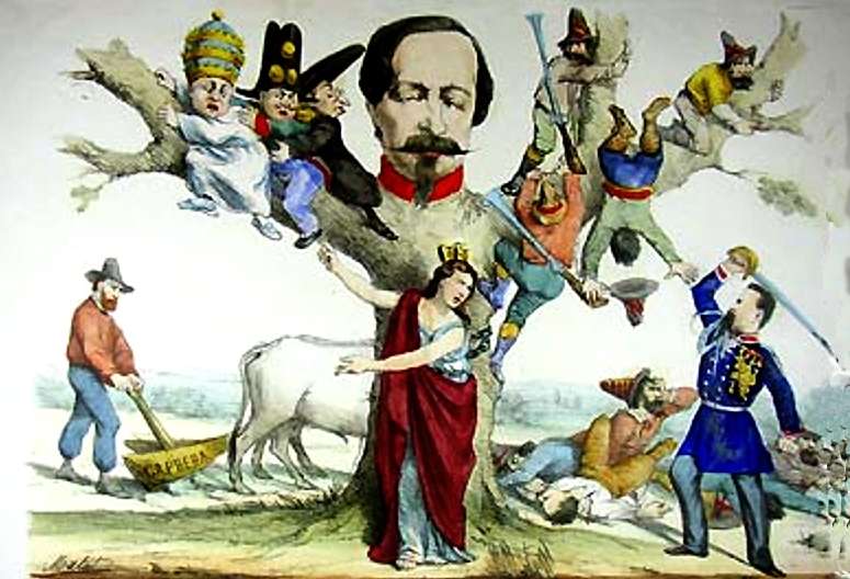 Stampa allegorica post unitaria lItalia turrita indica a Cialdini con la sciabola sguainata i suoi nemici abbarbicati attorno a Napoleone III trasformato in albero