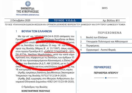 Διορισμός στη Βουλή της χρυσαυγίτισσας συζύγου του Ν. Μιχαλολιάκου Ελ. Ζαρούλια